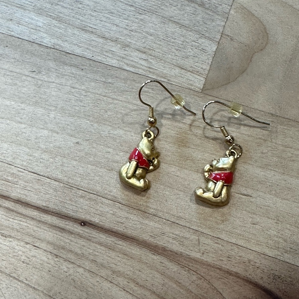 Gold Winnie the Pooh Earrings with Red Accents